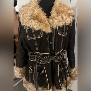 Vintage Suede Coat Brown with Faux fur collar, lining, Penny Lane coat